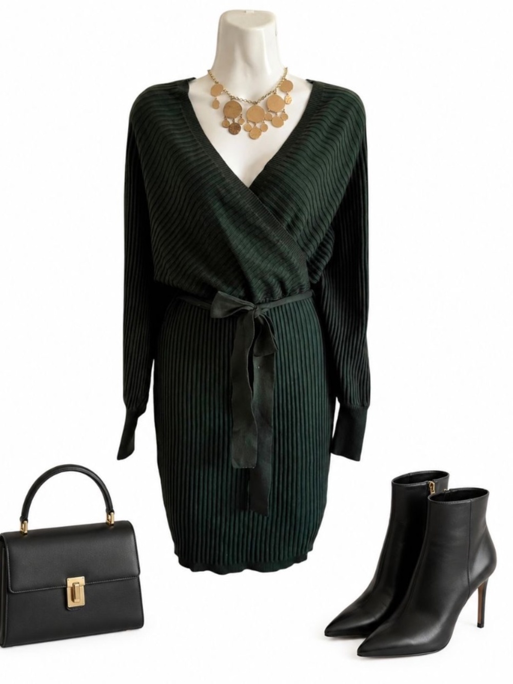 Love Tree Dark Green Ribbed Wrap Sweater Dress Size Small